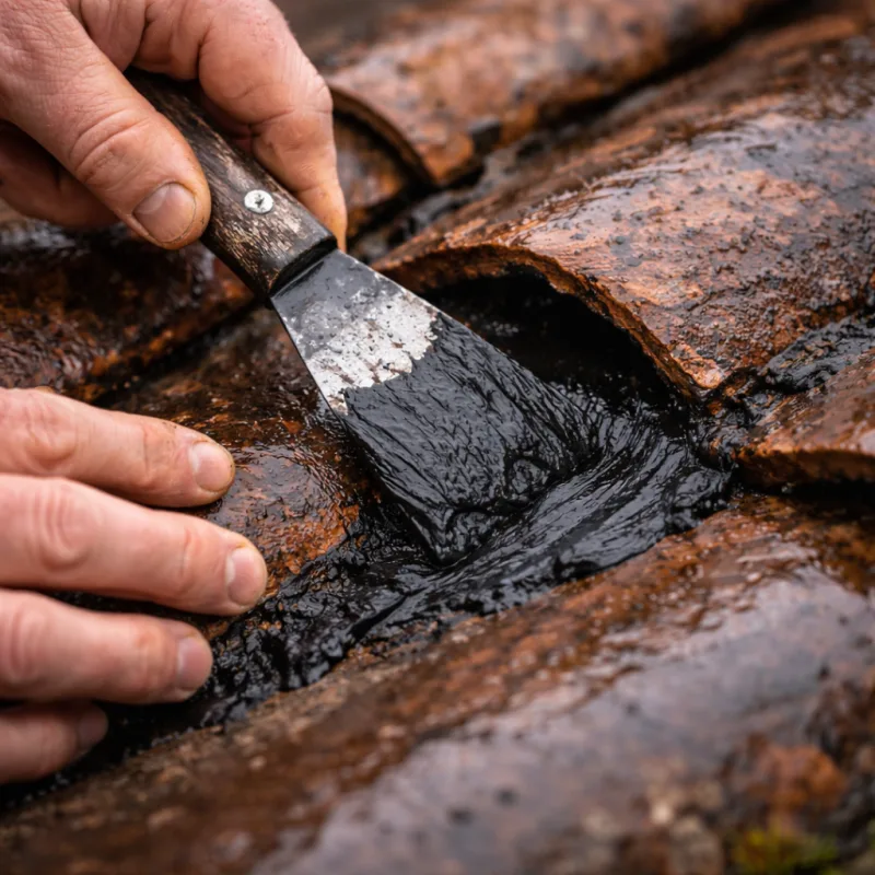 Application de mastic etanche sur fissure de toiture
