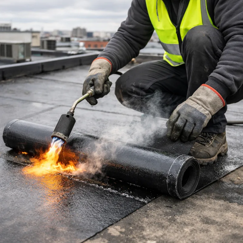 Couvreur appliquant une membrane d etancheite au chalumeau sur toiture plate