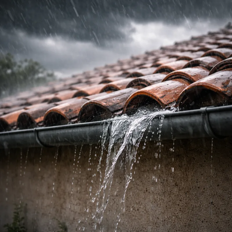 Pluie battante sur un toit en tuiles