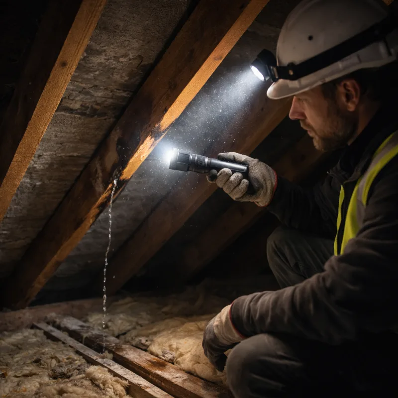 Couvreur inspectant une infiltration dans les combles avec une lampe