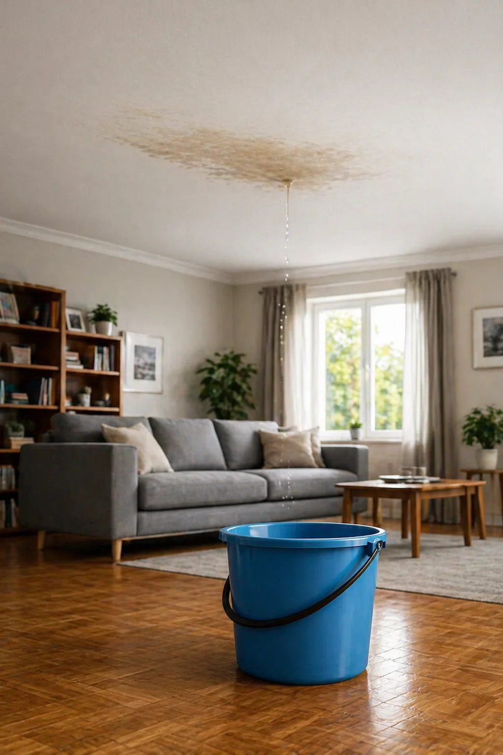 Seau recueillant eau d une fuite au plafond
