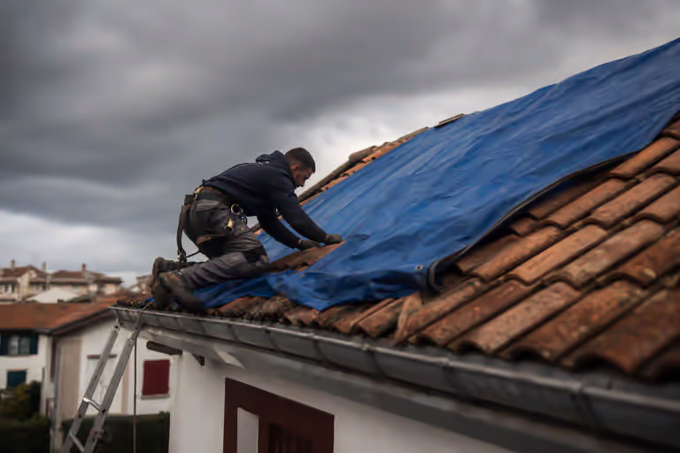 Couvreur en intervention d&#39;urgence sur une toiture bayonnaise sous ciel orageux, bâche bleue déployée sur les tuiles