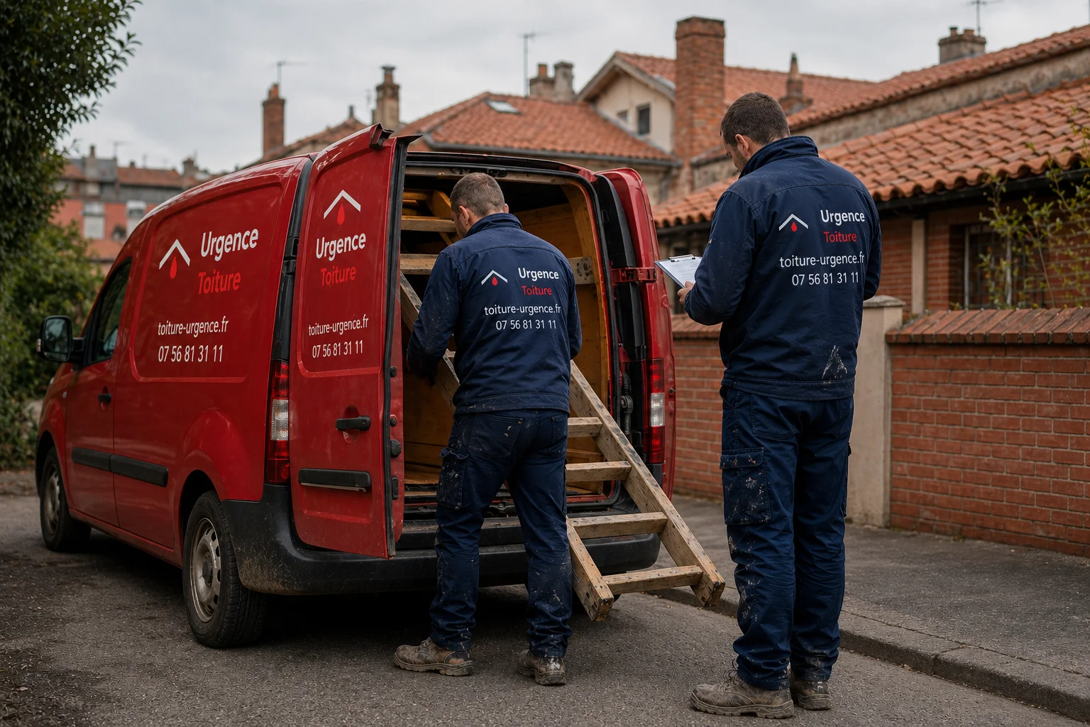 Equipe d'intervention Urgence Toiture devant le vehicule, prete a partir sur chantier en Occitanie