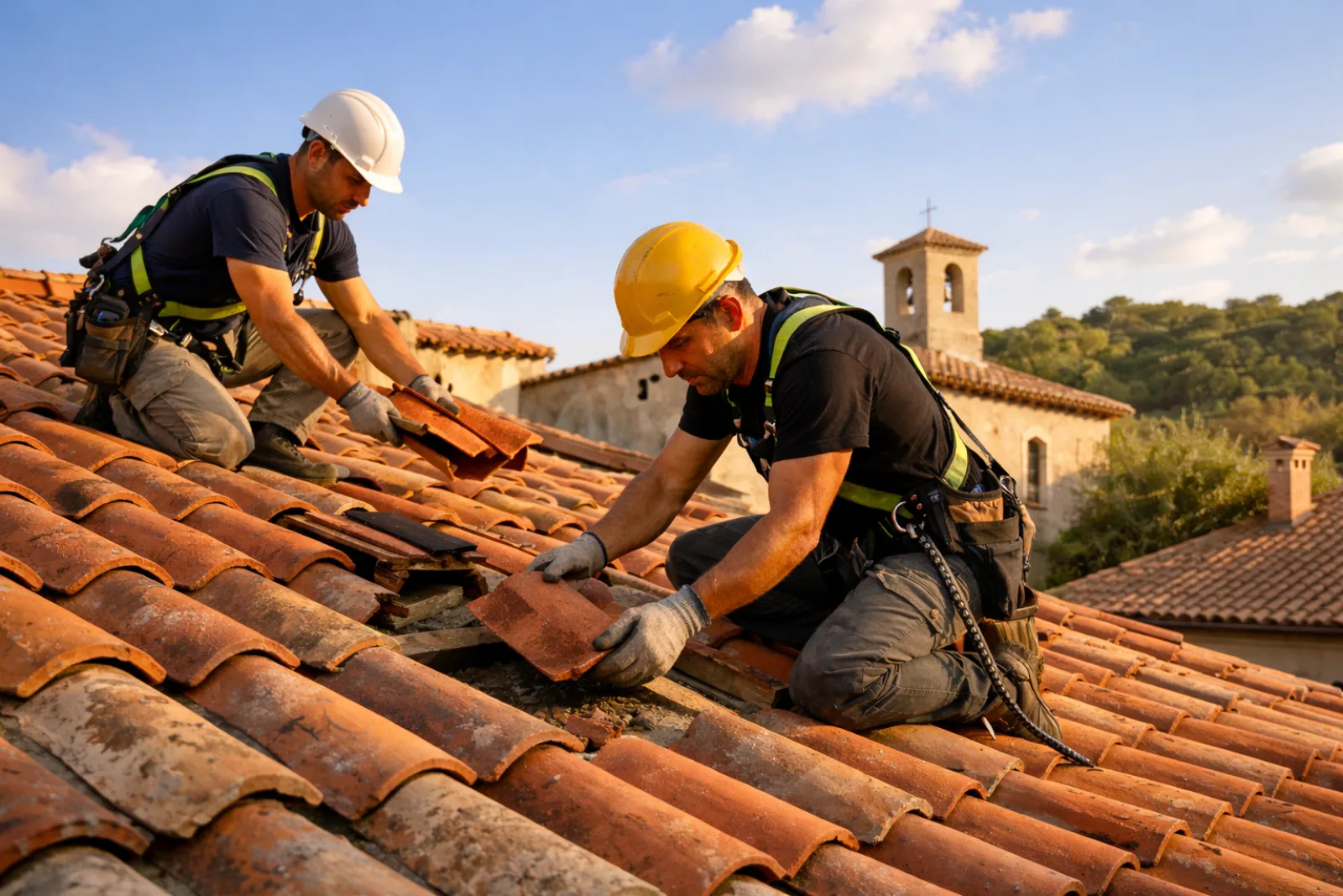 Couvreurs professionnels reparant un toit en tuiles sous ciel bleu