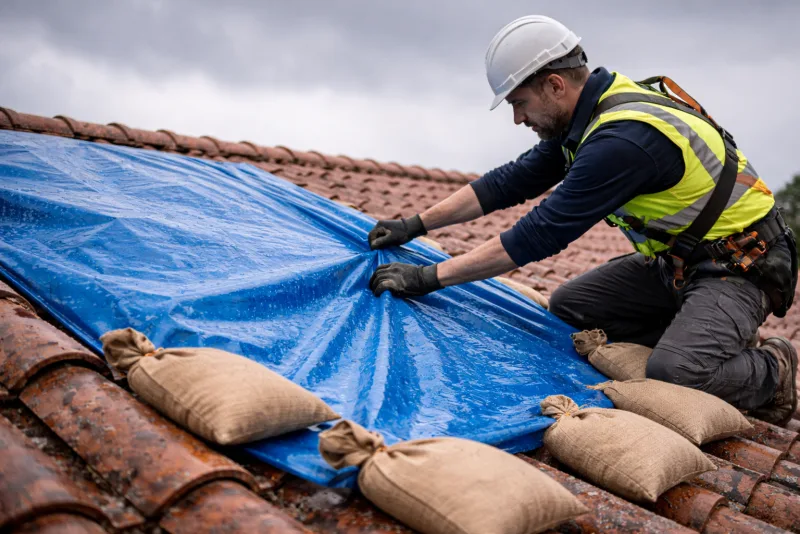 Couvreur installant une bache de protection sur un toit endommage