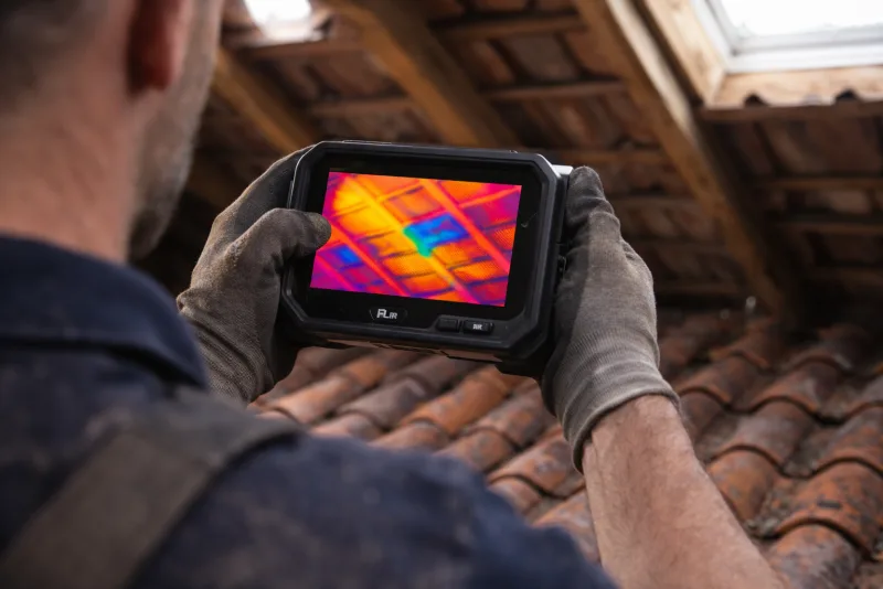 Ecran de camera thermique revelant une zone d'humidite sur une toiture