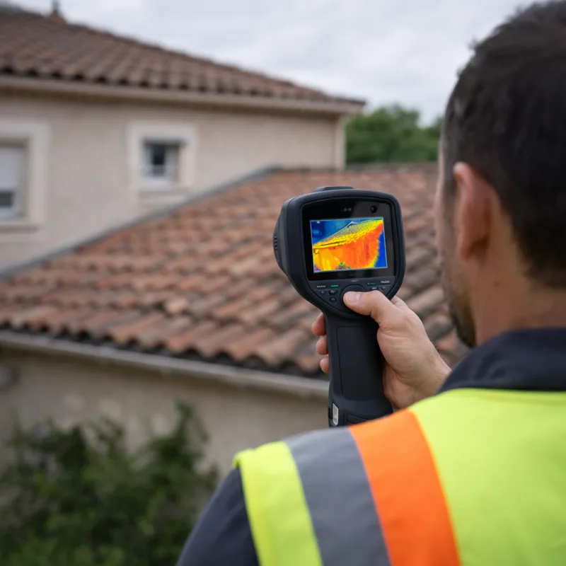 Technicien inspectant une toiture avec une camera thermique infrarouge