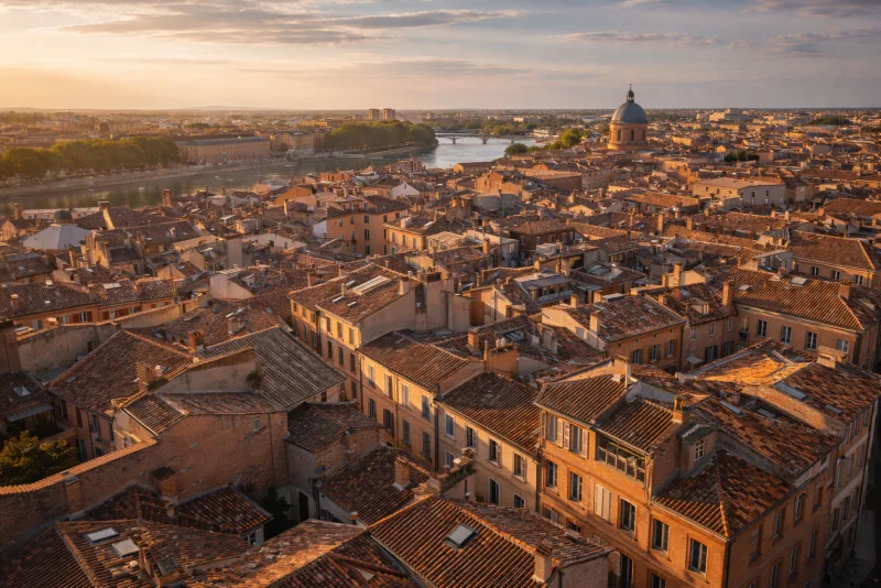 Vue aerienne des toits en tuiles de Toulouse, la ville rose